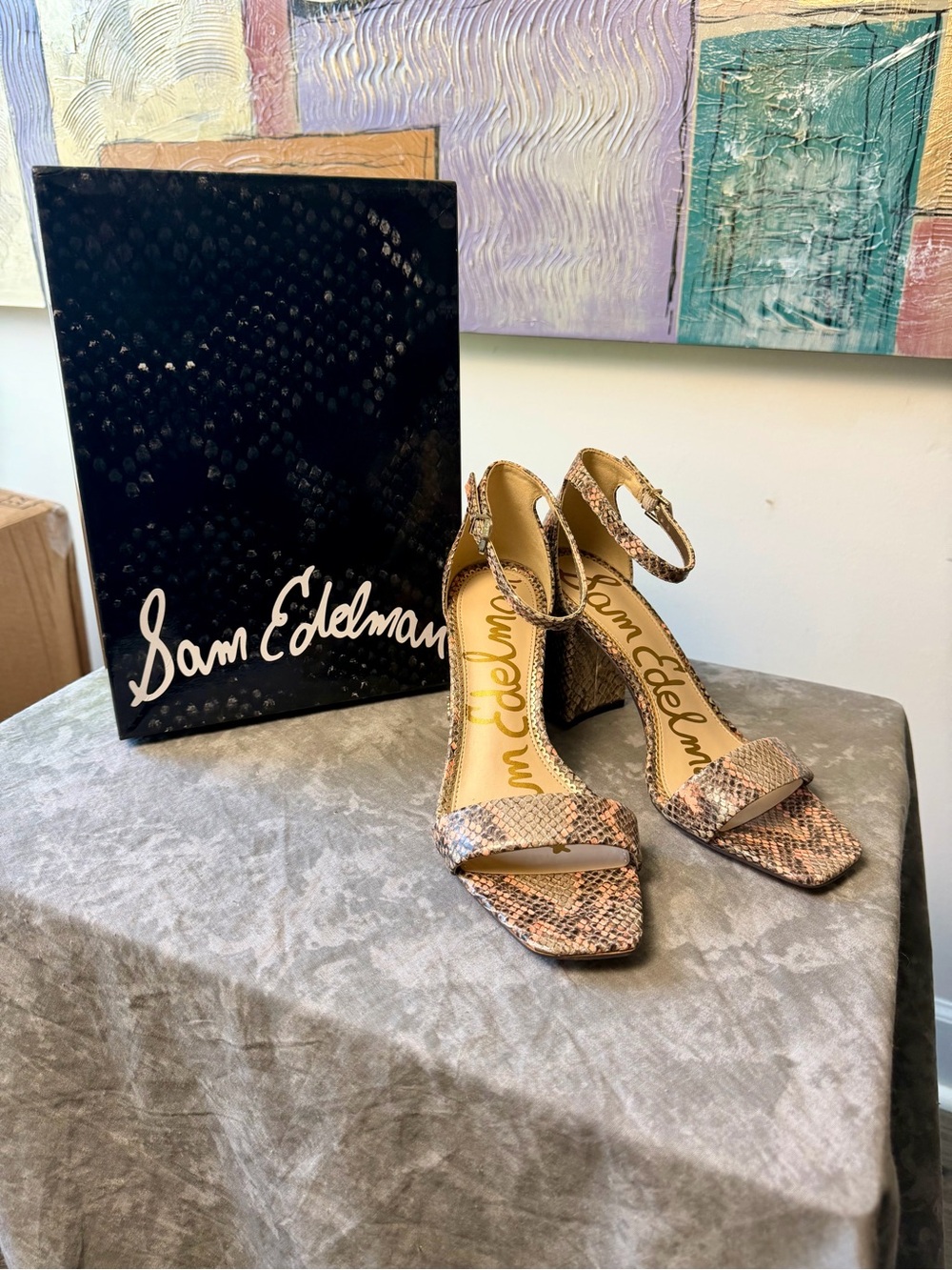 Brand New Sam Edelman Daniella Peach Snake-Print Block Heel Sandals Size 71/2